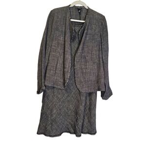 Eileen Fisher S 2 Piece Skirt Suit Linen Blend Gray Fringe Hem Midi Career